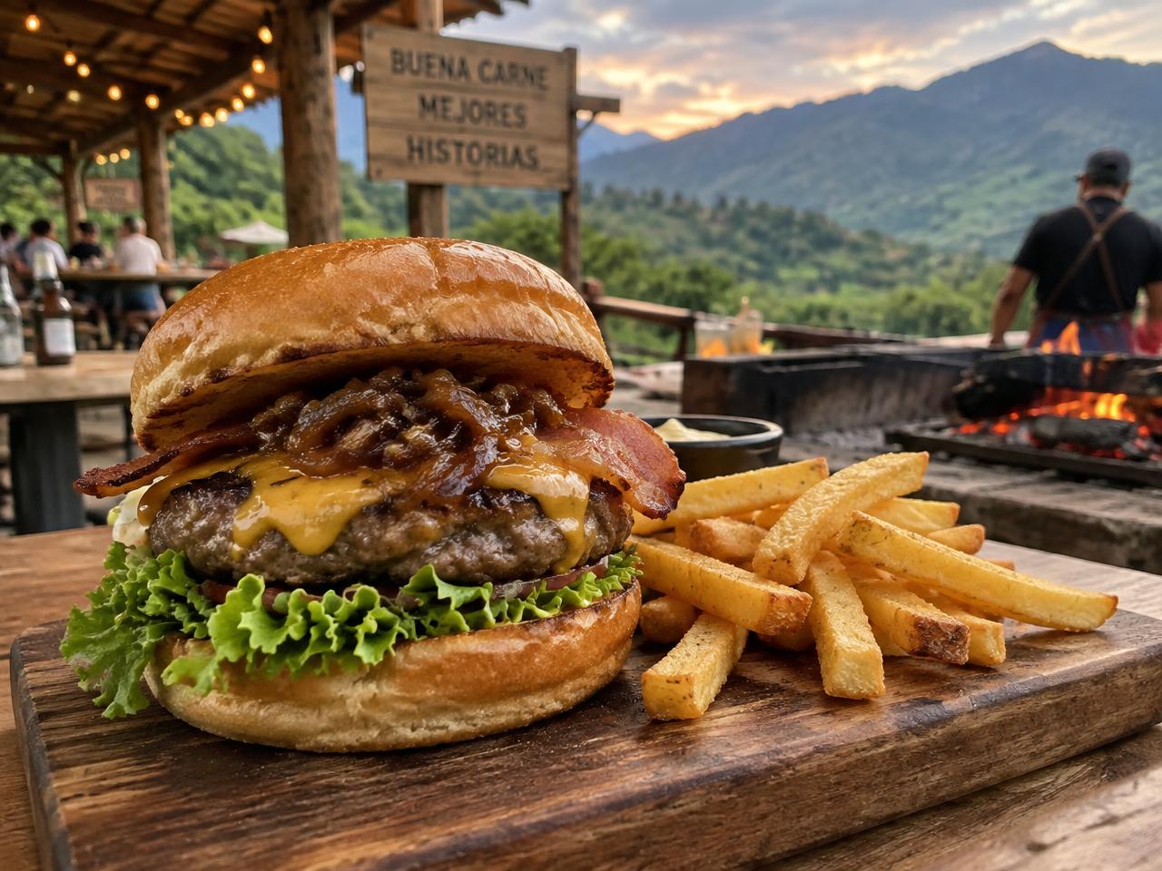 Hamburguesa artesanal al carbón con queso fundido y tocineta sobre tabla de madera