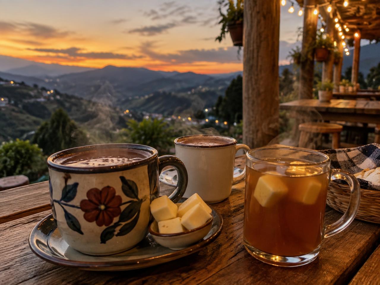 Chocolate caliente con queso fundido en taza rústica
