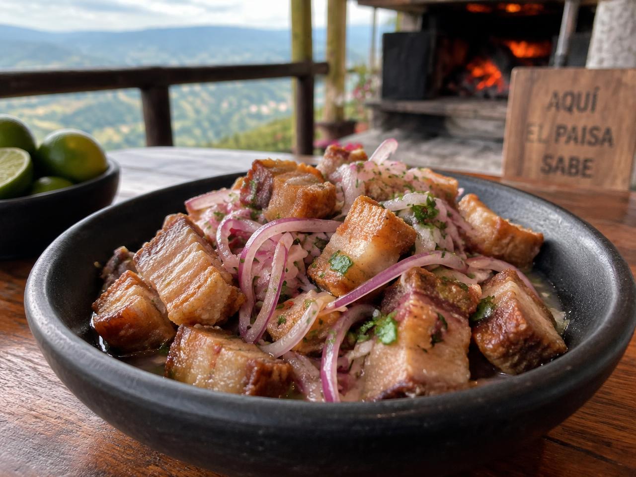 Ceviche de chicharrón con leche acevichada y crocante de plátano