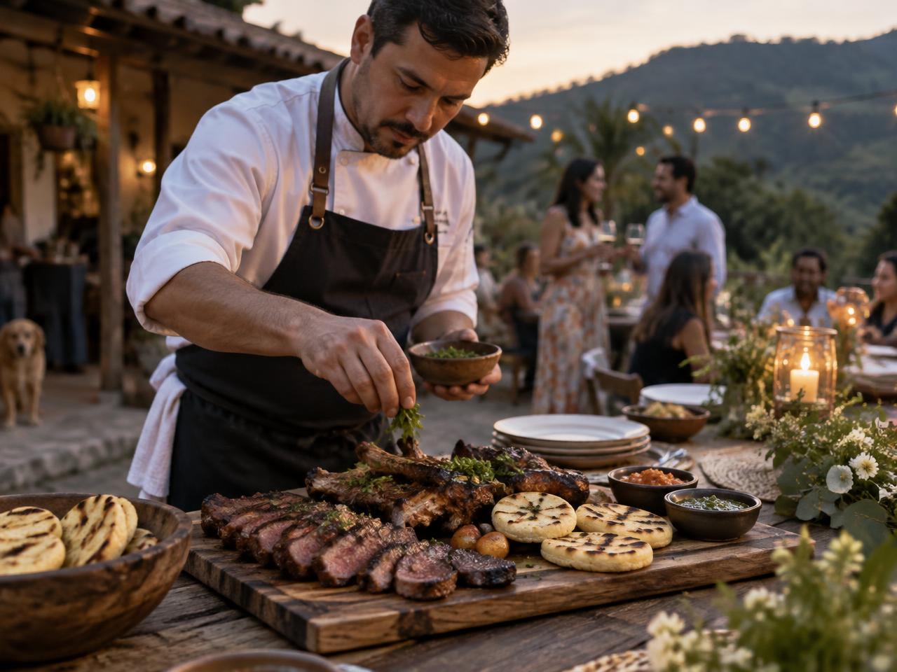 Chef del restaurante cocinando a la parrilla en casa de un cliente con vista a las montañas